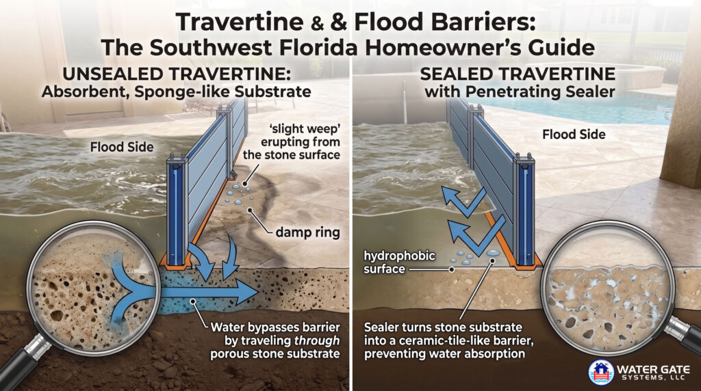 An infographic illustrating the difference between unsealed and sealed travertine floors during a flood event with an Aqua-Cade barrier. The left side shows unsealed, porous travertine absorbing floodwater and creating a damp weep , while the right side demonstrates how a penetrating sealer creates a hydrophobic surface that prevents water absorption.